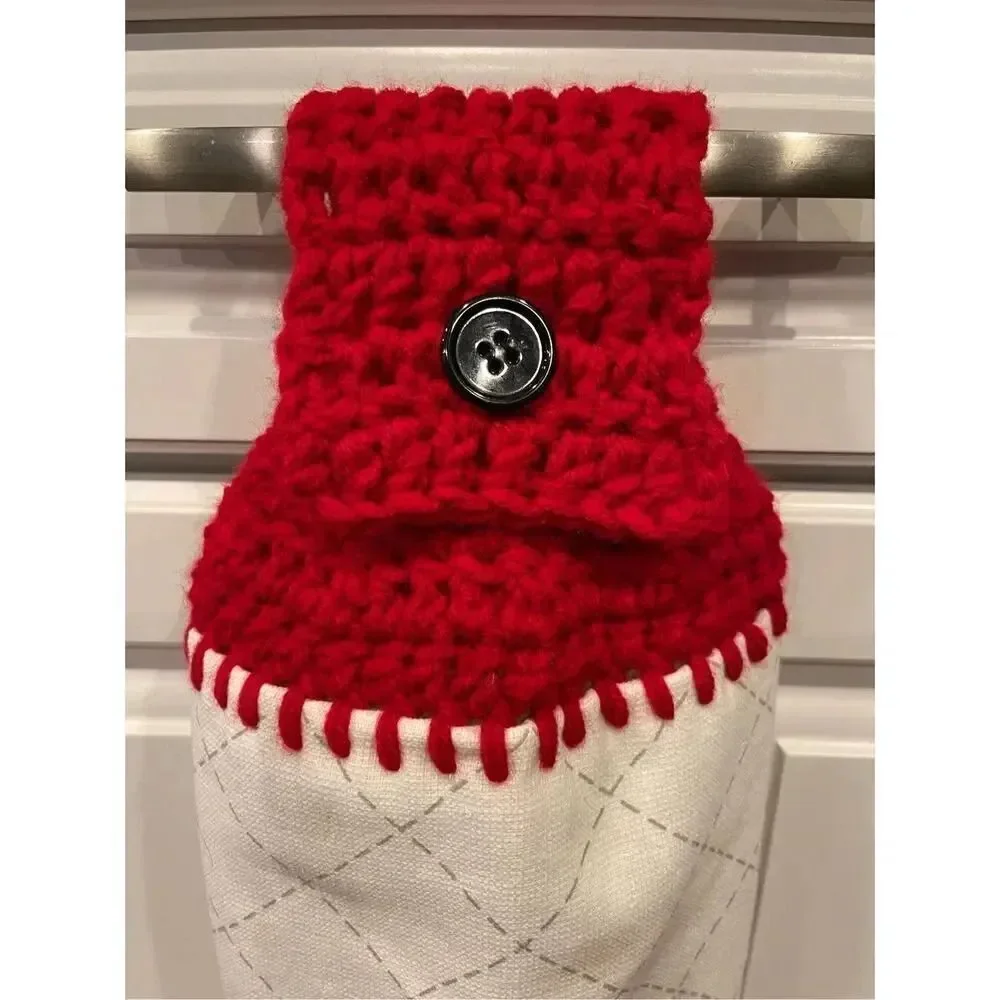 Crochet Top Kitchen Towel- My Dog is my Valentine 1 with white button-1 with bl